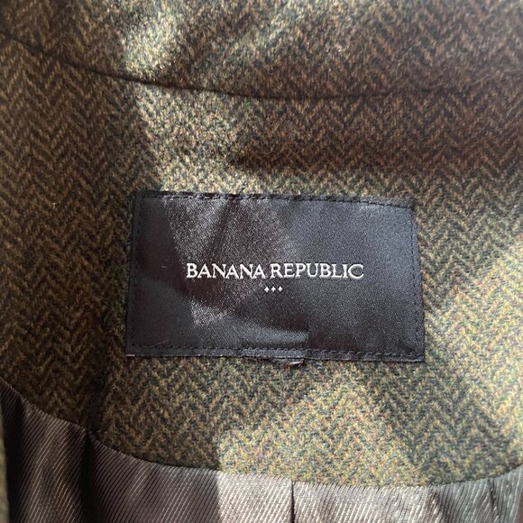 Banana Republic Factory Size 8 Herringbone Long Blazer Green Tweed Wool Blend - Picture 3 of 14